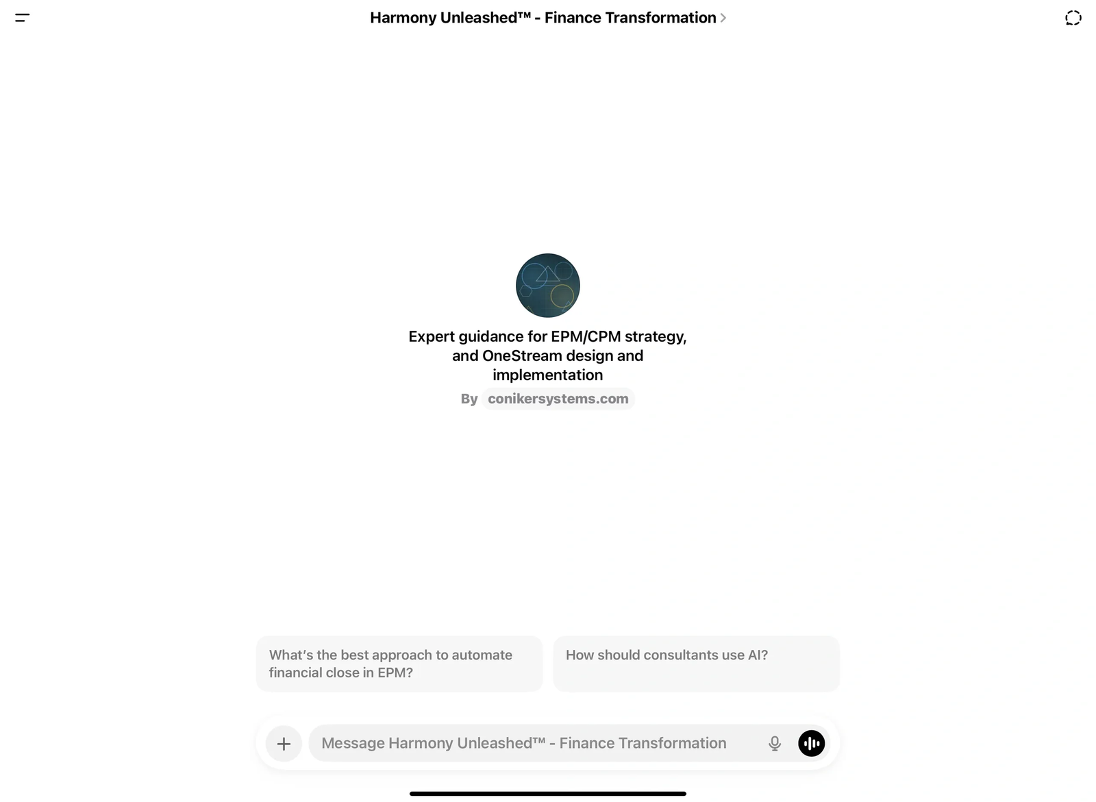 Opening screen of the Harmony Unleashed AI Assistant